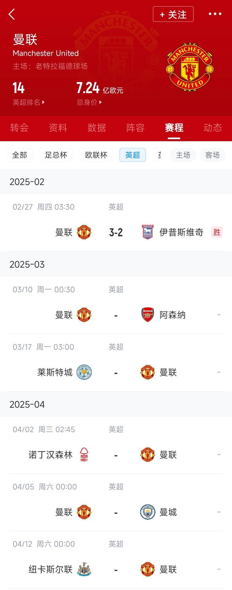  藍(lán)狐救一下？曼聯(lián)未來(lái)5輪將遭遇英超2/3/4/6名：槍手森林曼城紐卡