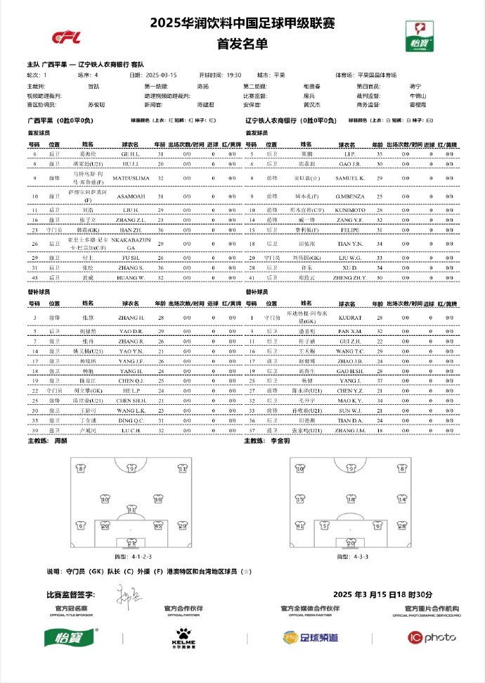  中甲-廣西平果vs遼寧鐵人首發(fā)：三外援對決三外援，安以恩出戰(zhàn)